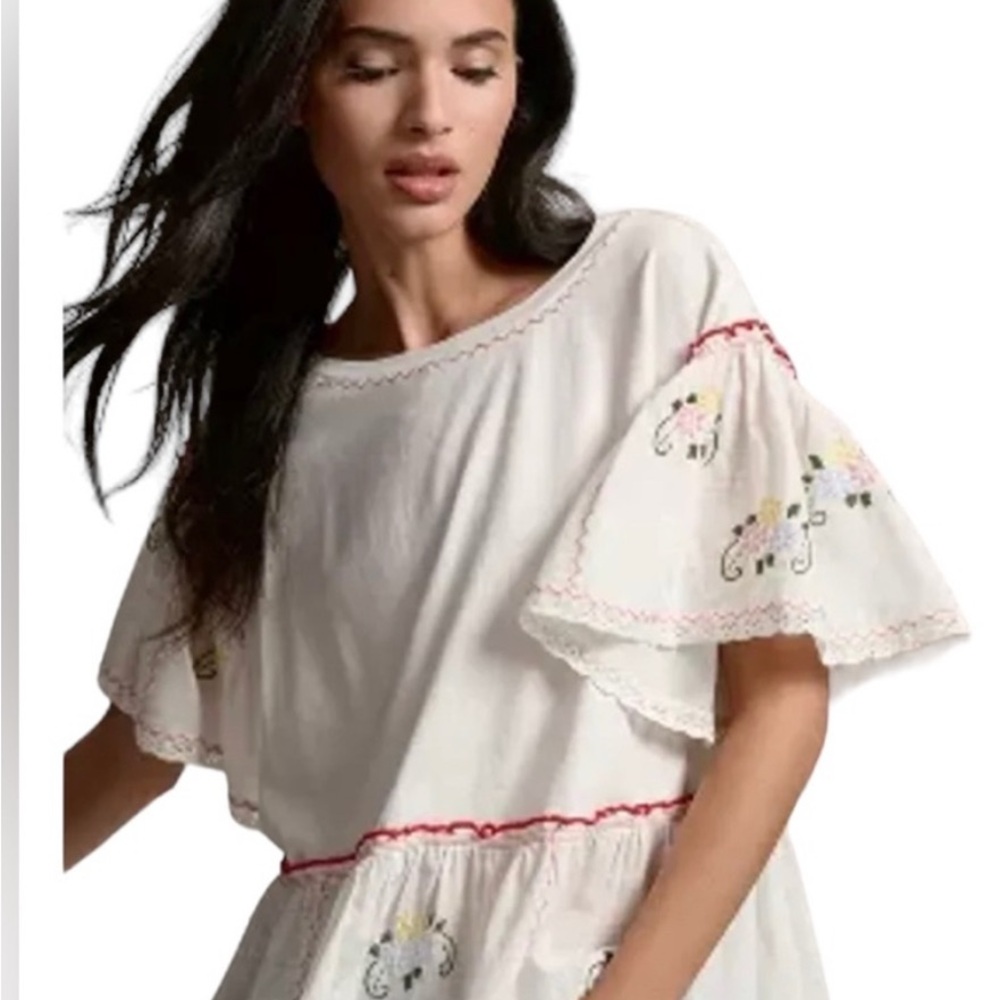 Anthropologie White Blouse with Red and Yellow Embroidery
